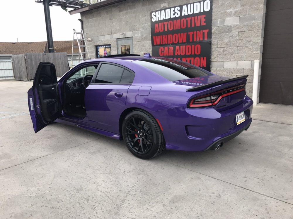 Purple Dodge Charger outside Shades Audio